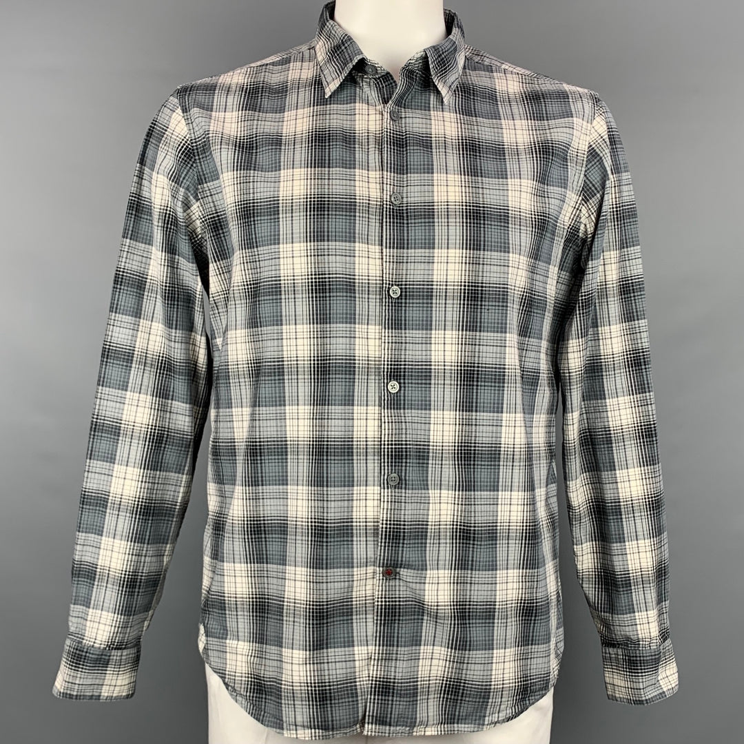 JOHN VARVATOS * USA Talla L Camisa de manga larga de algodón a cuadros gris y verde oliva