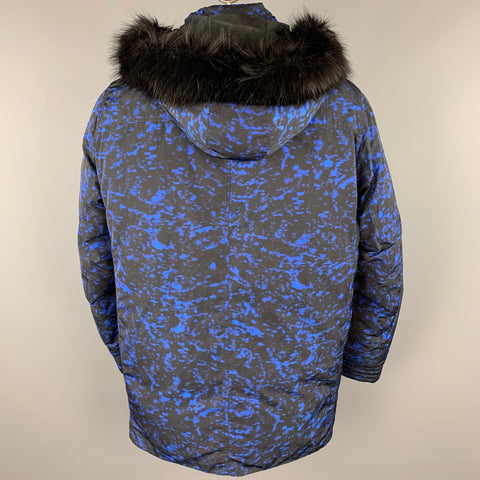 MICHAEL KORS Weather Engineered Size XL Black & Blue Print Polyester Hooded Parka Coat