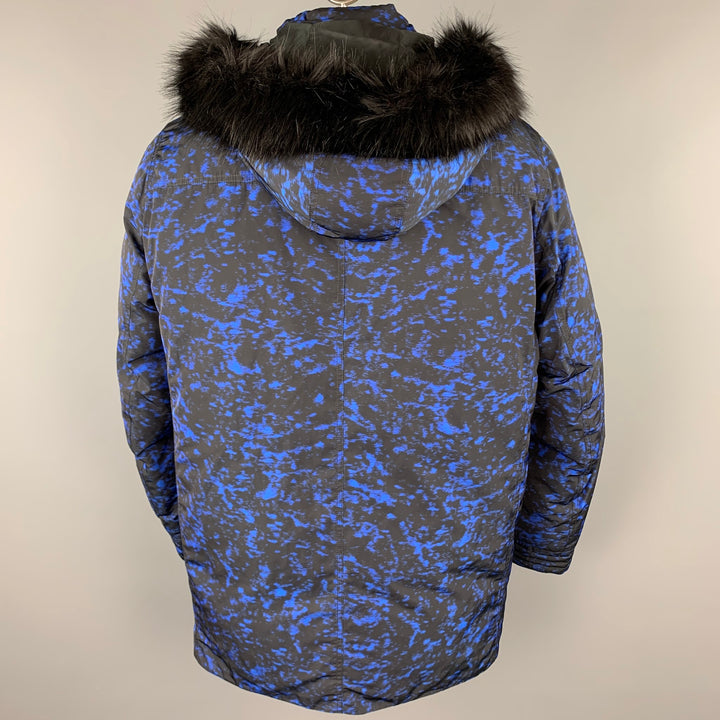 MICHAEL KORS Weather Engineered Taille XL Manteau Parka à capuche en polyester imprimé noir et bleu