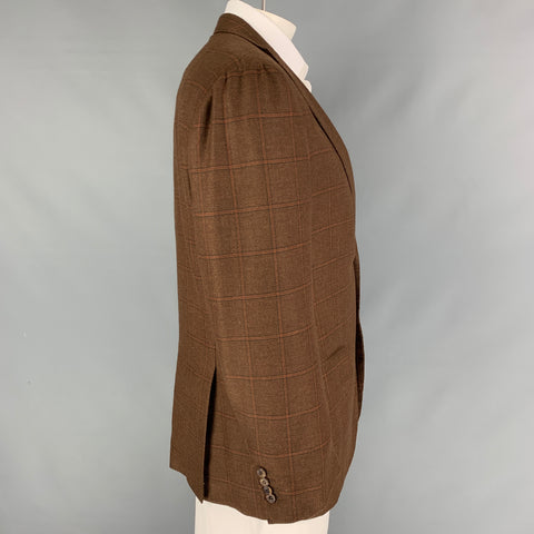 KITON Size 44 Brown Orange Window Pane Cashmere Notch Lapel Sport Coat