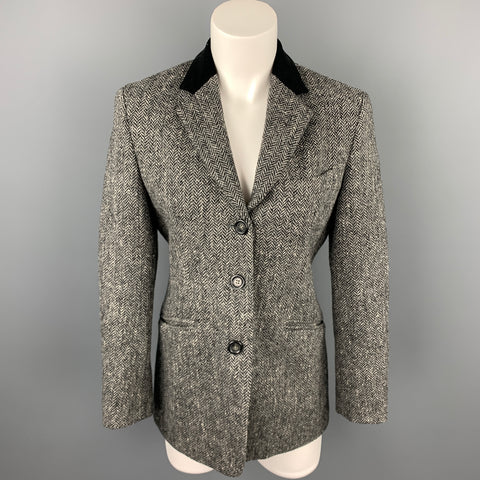 MAX MARA Taille 6 Veste à revers cranté en laine à chevrons en tweed gris