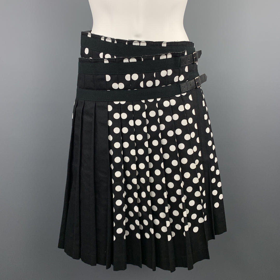 COMME des GARCONS Size S Black & White Polka Dot Pleated Leather Strap Kilt Skiirt