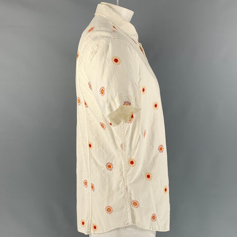 CORRIDOR Size XL White and Orange Linen & Cotton Button Down Short Sleeve Shirt