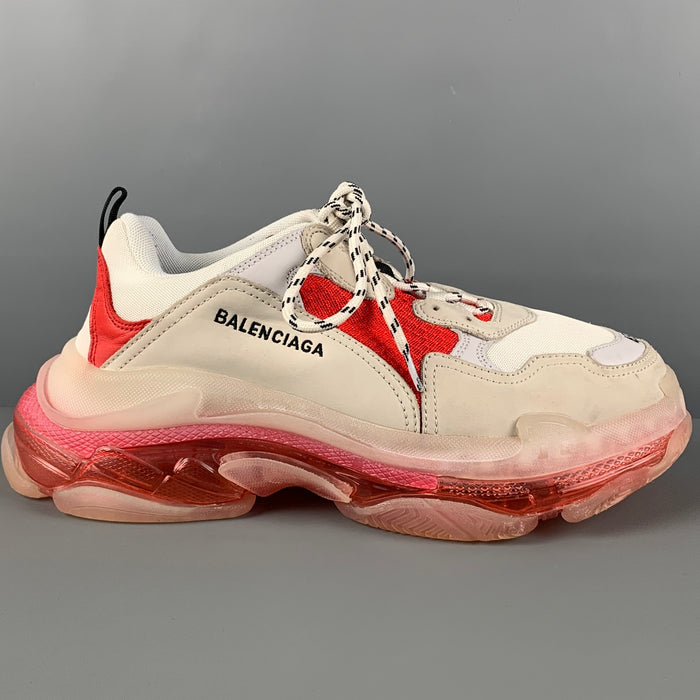 BALENCIAGA Size 12 White Red Mixed Materials Lace Up Triple S Sneakers