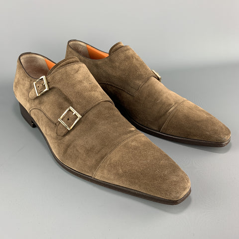 SANTONI Size 11.5 Taupe Suede Double Monk Strap Loafers