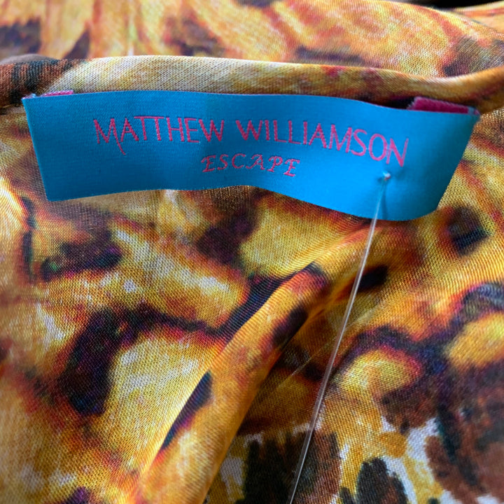 MATTHEW WILLIAMSON Size 6 Brown Yellow Silk Butterflies Belted Casual Top