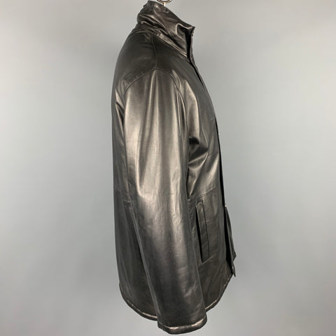 SALVATORE FERRAGAMO Size 42 Black Leather Zip & Snaps Reversible Coat