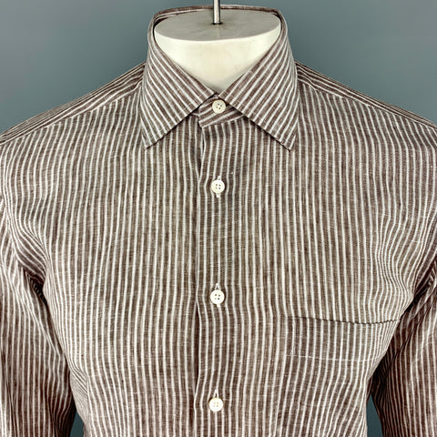 CANALI Taille M Chemise à manches longues en lin à rayures marron avec poche à col écarté