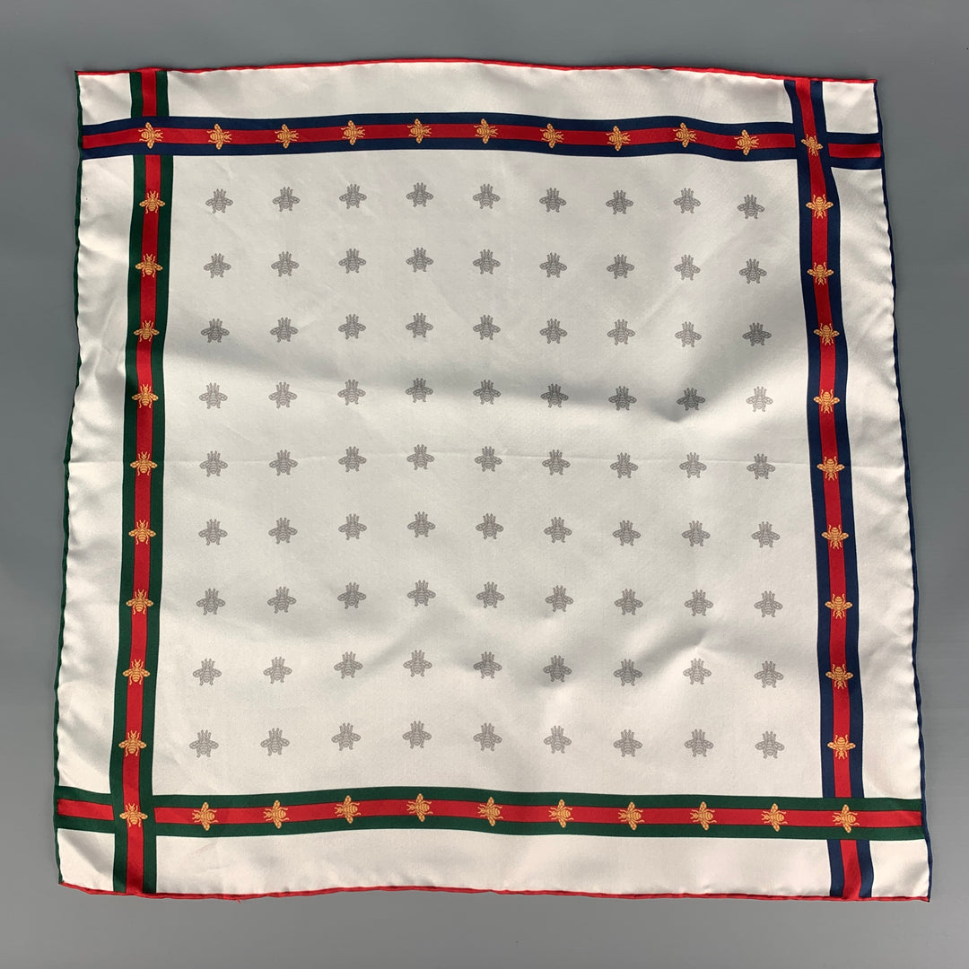 GUCCI White Red Bees Silk Pocket Square