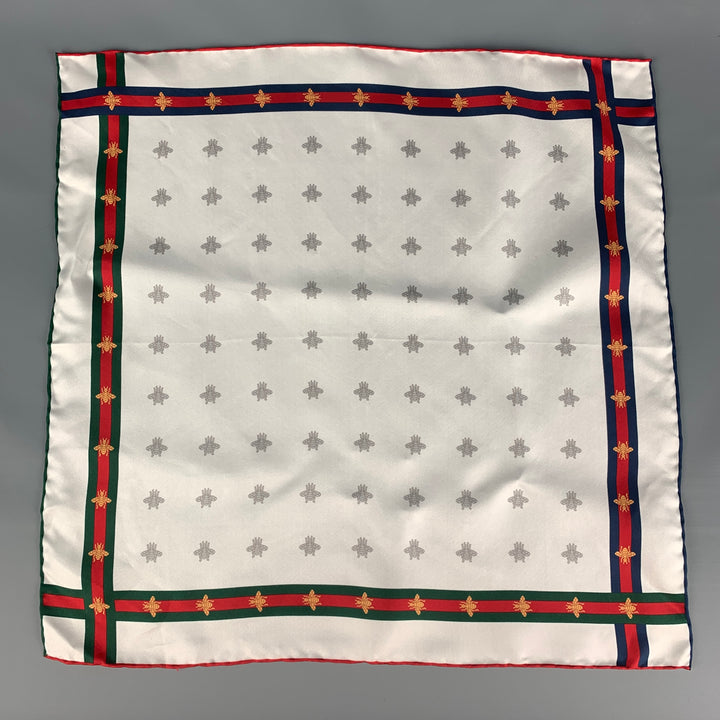 GUCCI White Red Bees Silk Pocket Square