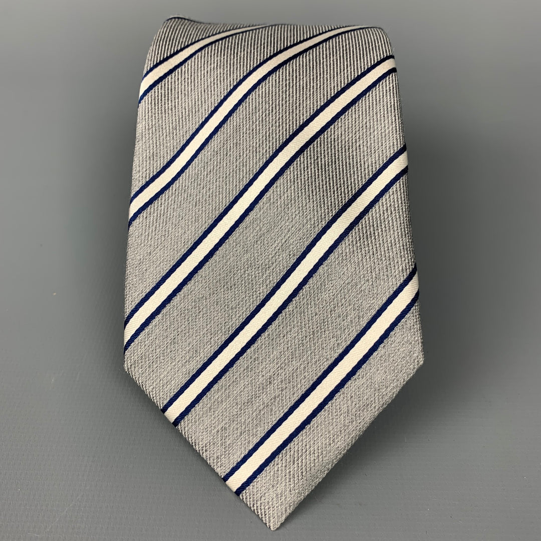 SUIT SUPPLY Light Gray & White Diagonal Stripe Silk Tie