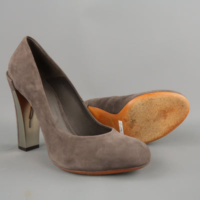 BRIAN ATWOOD Size 7.5 Taupe Suede Metal Chunky Heel Pumps