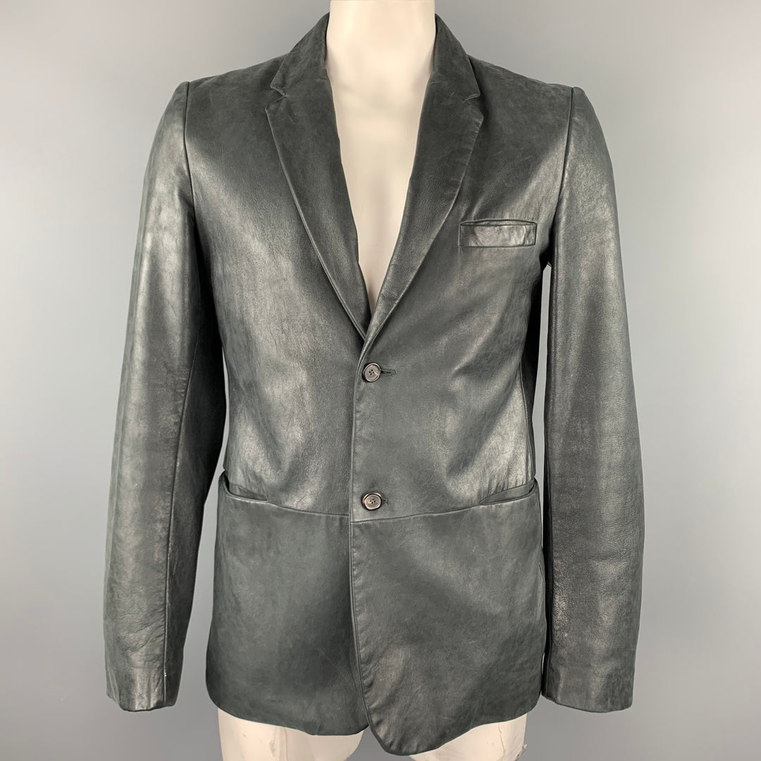 JIL SANDER Size 44 Charcoal Distressed Leather Notch Lapel Jacket