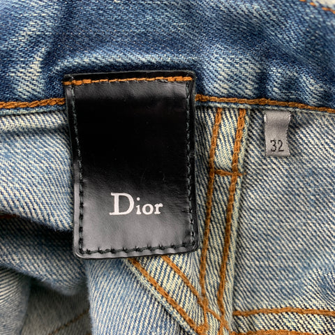 DIOR HOMME Size 32 Indigo Distressed Cotton Button Fly Jeans