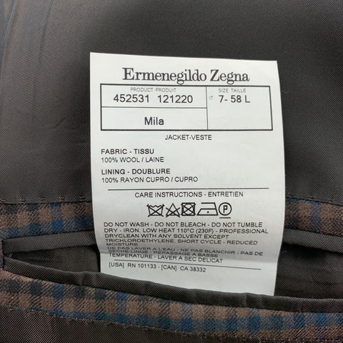 ERMENEGILDO ZEGNA Trofeo Light Size US 48 L Brown & Blue Checkered Wool Sport Coat