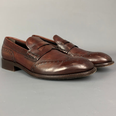 PRADA Size 10.5 Brown Perforated Leather Wingtip Slip On Loafers