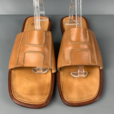 HERMES Size 12 Tan Contrast Stitch Leather Slip On Sandals