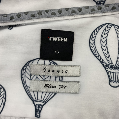 TWEEN Size XS White & Navy Print Cotton Button Up Long Sleeve Shirt