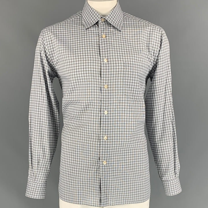 ERMENEGILDO ZEGNA Size L Blue &  Brown Plaid Cotton Button Down Long Sleeve Shirt