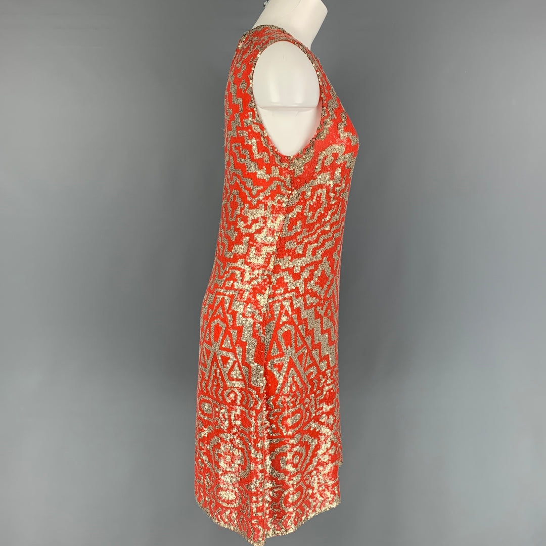 NAEEM KHAN Size M Orange Silver Geometric Sleeveless Cocktail Dress