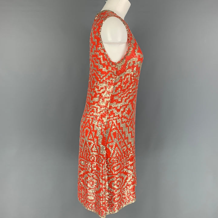 NAEEM KHAN Size M Orange Silver Geometric Sleeveless Cocktail Dress