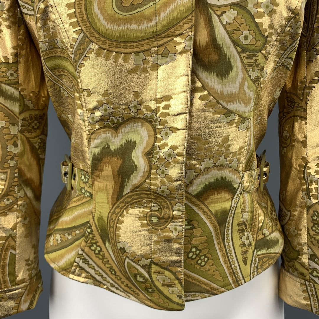 MUGLER Size 4 Metallic Gold & Green Paisley Cropped Jacket