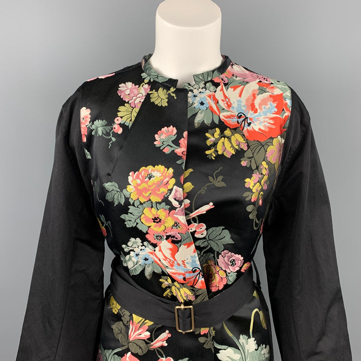 DRIES VAN NOTEN Size 6 Black & Multi-Color Silk / Polyester Belted Coat