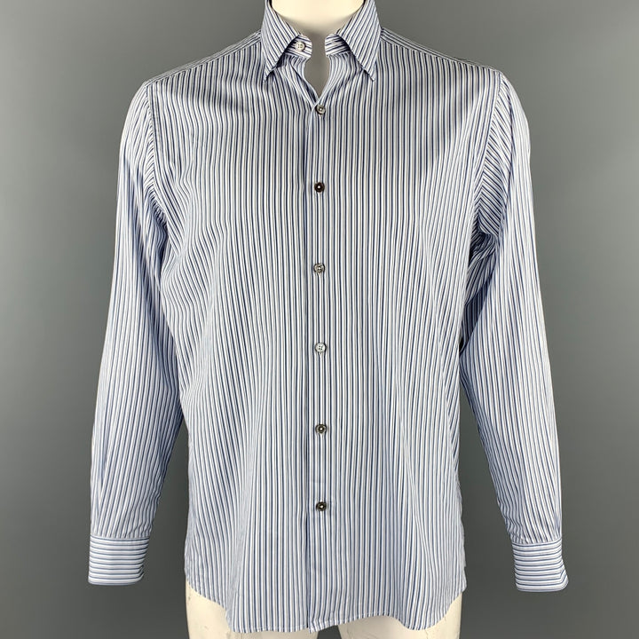 ERMENEGILDO ZEGNA Size L Blue & White Stripe Cotton Button Up Long Sleeve Shirt