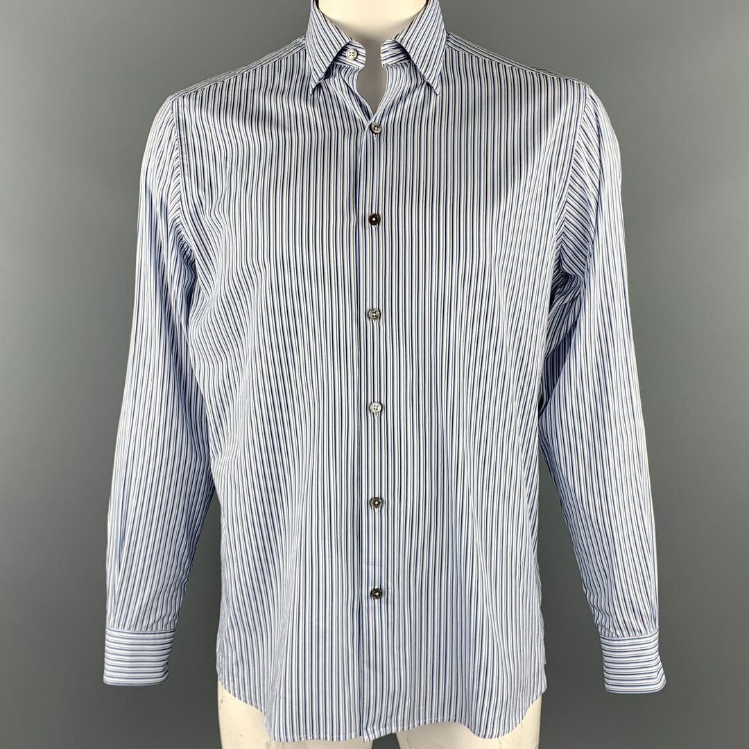 ERMENEGILDO ZEGNA Talla L Camisa de manga larga con botones de algodón a rayas azules y blancas