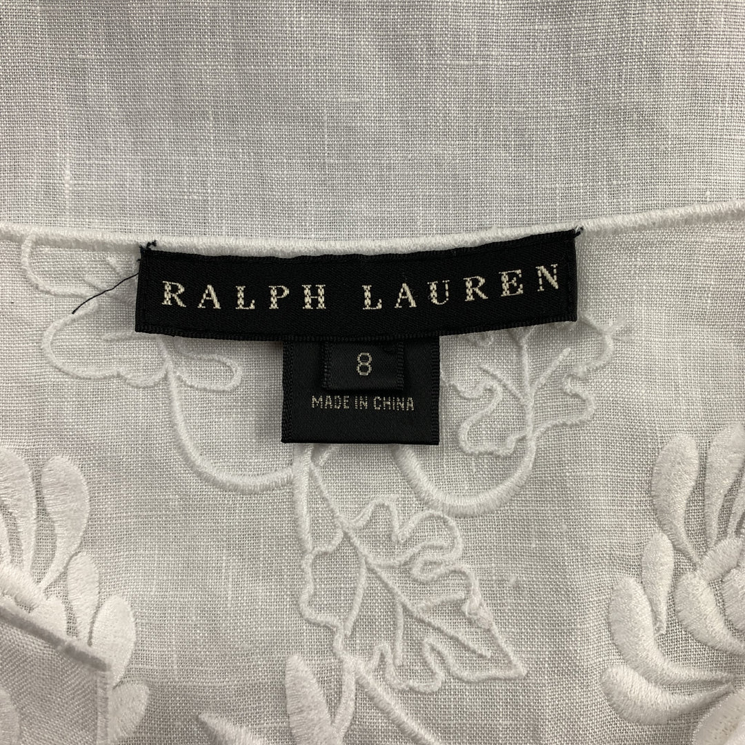 RALPH LAUREN Black Label Talla 8 Blusa túnica de lino bordada blanca