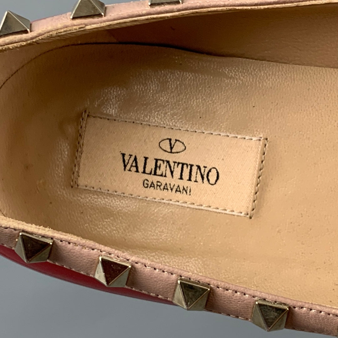 VALENTINO Talla 10 Bailarinas con tachuelas de charol rojo nude