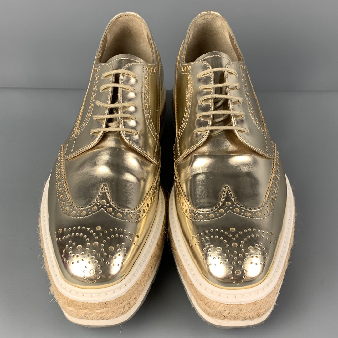 PRADA Size 6.5 Gold Leather Perforated Wingtip Lace Up Shoes PRADA Size 6.5 Gold Leather Perforated Wingtip Lace Up Shoes  main image 3