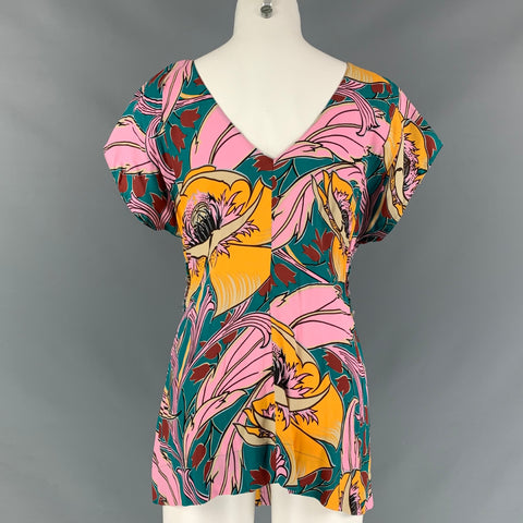 MARNI Size 6 Multi-Color Viscose Abstract Cap Sleeves Blouse