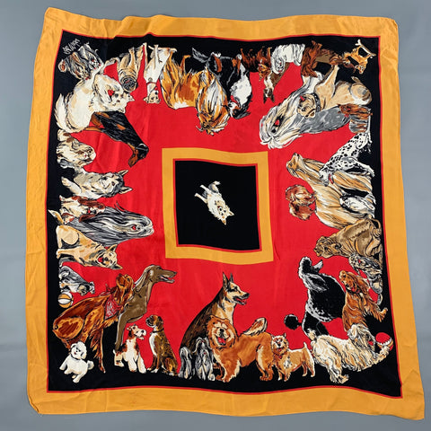 Vintage BOB MACKIE Red Tan Dog Print Silk Scarf