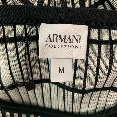 ARMANI COLLEZIONI Size M Black Stripe Silk Raw-Neck Grey Pullover