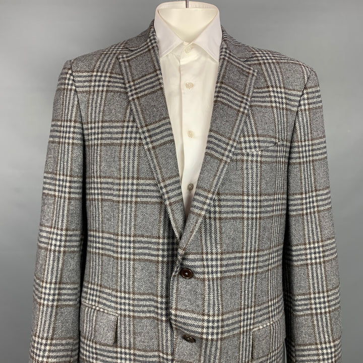ERMENEGILDO ZEGNA Size 48 Regular Grey & Brown Plaid Cashmere Sport Coat