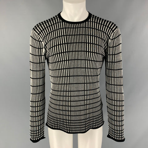 ARMANI COLLEZIONI Size M Black Stripe Silk Raw-Neck Grey Pullover