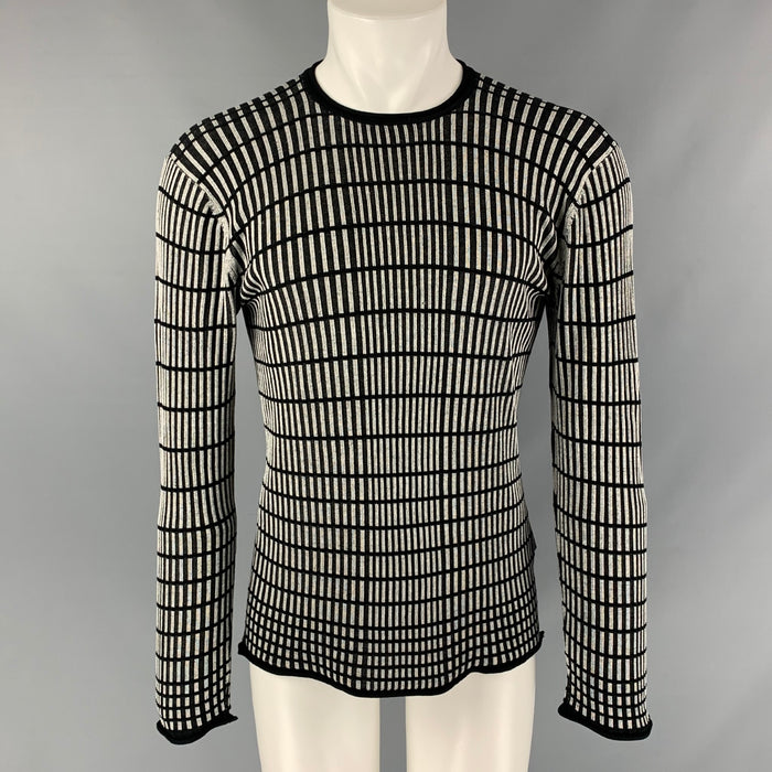 ARMANI COLLEZIONI Size M Black Stripe Silk Raw-Neck Grey Pullover