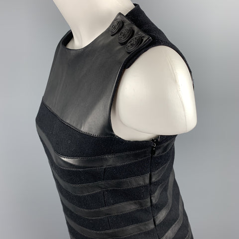 GAULTIER 2 Size 6 Black Virgin Wool Leather Trim Shift Dress
