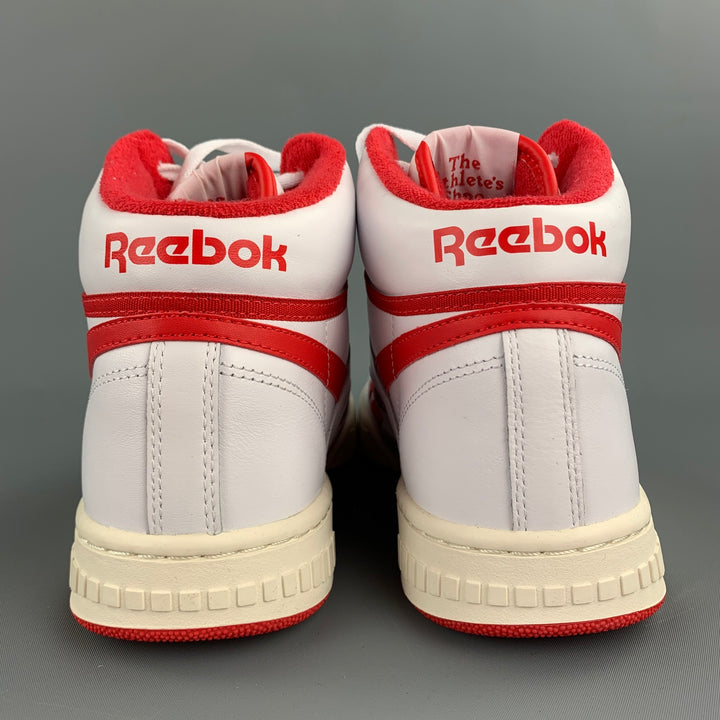 REEBOK Size 10.5 White & Red Leather High Top Sneakers