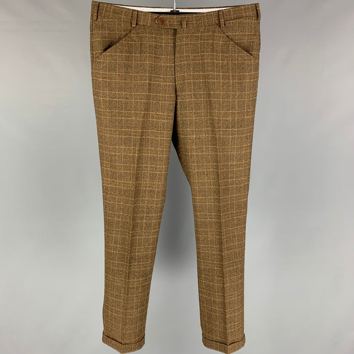 BORRELLI Size 38 Brown Tan Plaid Wool Polyamide Zip Fly Dress Pants