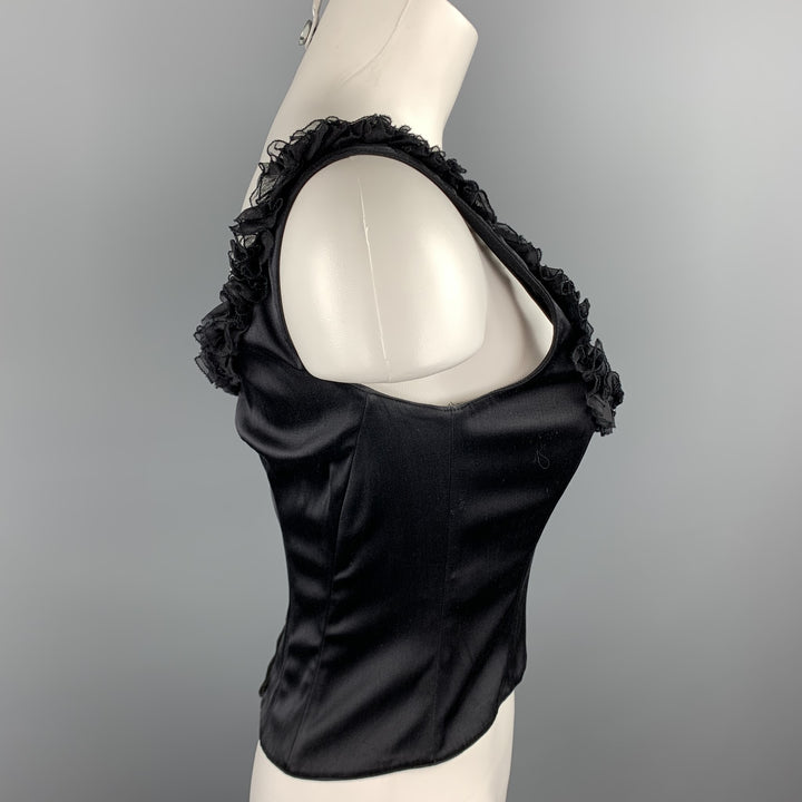 DONNA KARAN Size 10 Black Satin Silk Blend Ruffled Bustier Dress Top