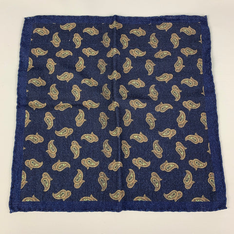 BREUER Navy Tan Paisley Wool Pocket Square