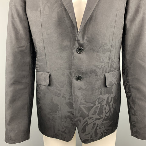 PS by PAUL SMITH Taille 40 Imprimé Noir sur Noir Imprimé Graffiti Textured Wool Peak Lapel Sport Coat