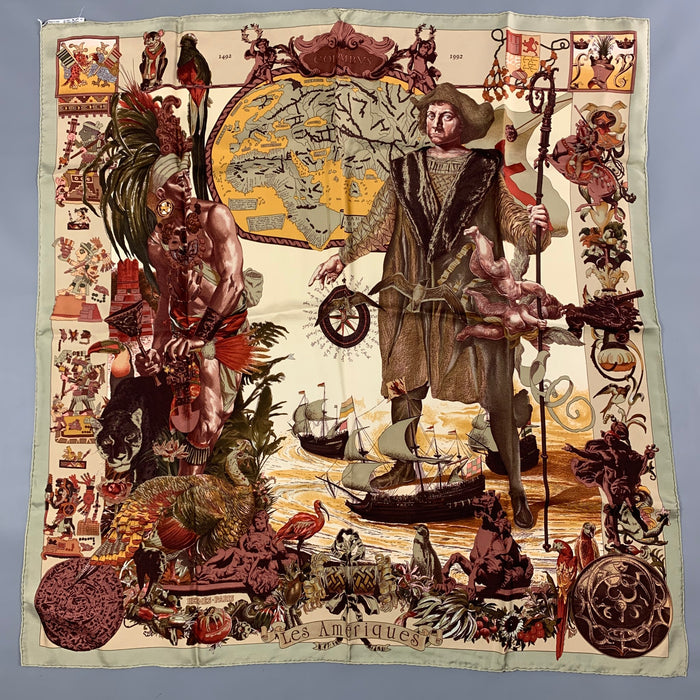 HERMES Brown Cream Taupe Silk Les Ameriques Scarf