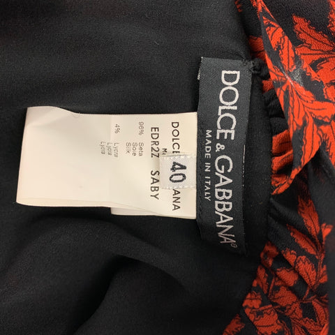 DOLCE & GABBANA Size 4 Black Orange Leaf Print Silk Lycra Short Sleeve Long Dress