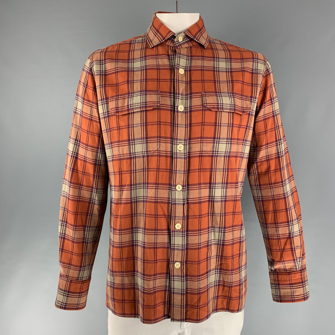 TOM FORD Size XL Red Beige Plaid Cotton Flanel Long Sleeve Shirt