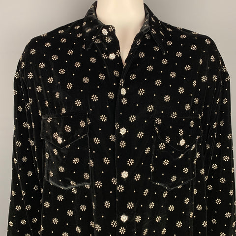 GARCONS INFIDELES Talla XL Camisa de manga larga con botones de terciopelo floral negro y plateado