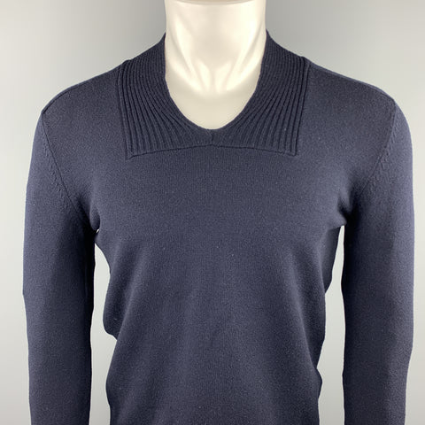 JIL SANDER Size 40 Navy Solid Wool / Polyester Ribbed Collar Sweater