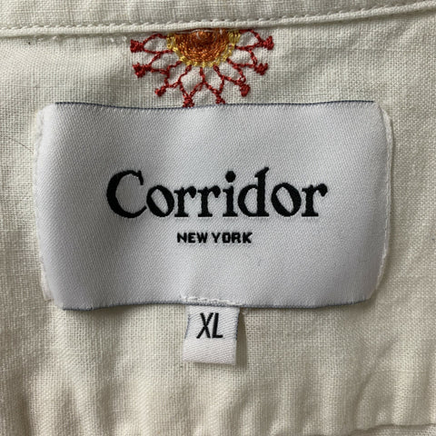 CORRIDOR Size XL White and Orange Linen & Cotton Button Down Short Sleeve Shirt